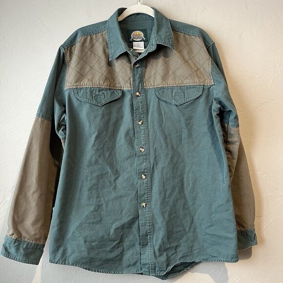 Button Up Patchwork Utility Green Brown Canvas Hunting Shirt L Quilted duck - Picture 1 of 8